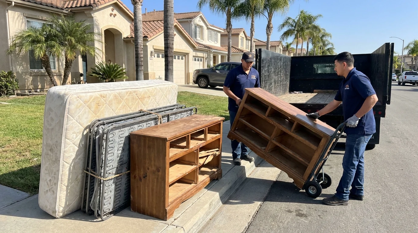 A mattress, broken dresser, and box spring set neatly at a San Diego curb for bulky pickup