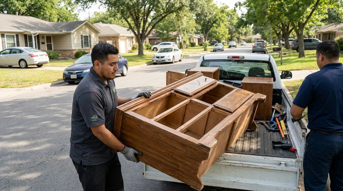 Junk removal crew member loading a bulky broken dresser into a truck on a quiet residential street