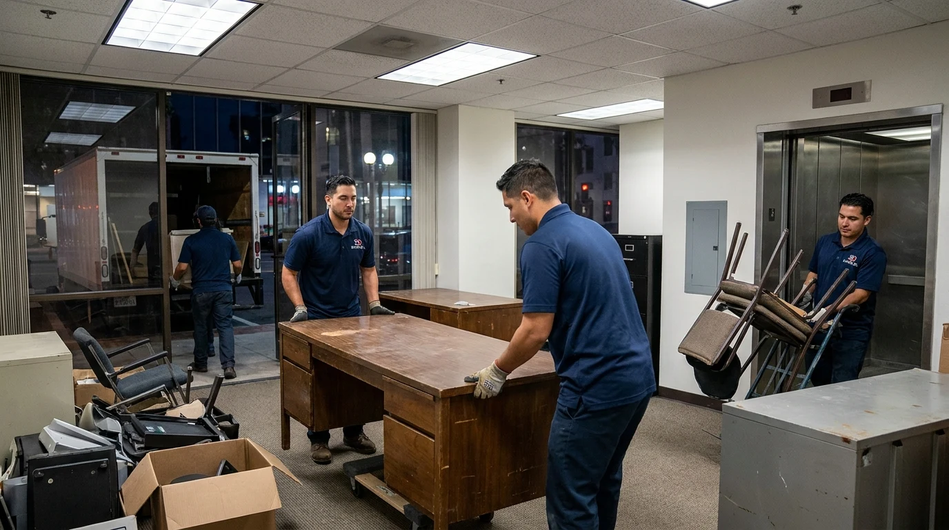 Junk removal crew clearing old office furniture and desks from a San Diego commercial suite