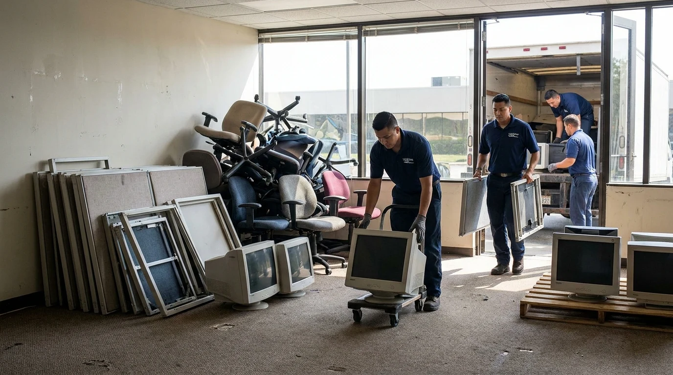 Stacked office chairs and cubicle panels staged for haul-away in an empty San Diego office