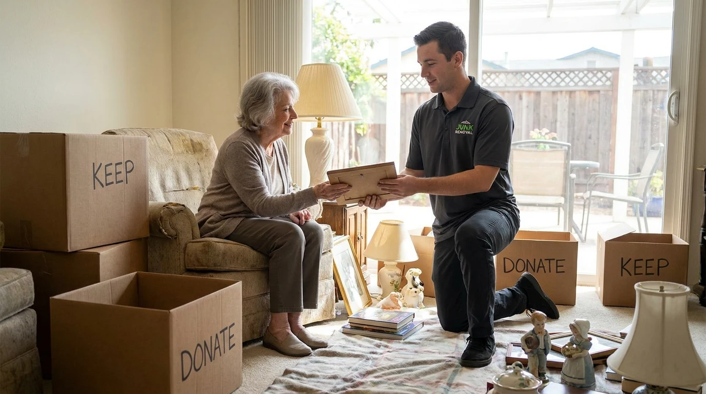 Junk removal crew member helping a senior homeowner sort belongings into keep and donate boxes in a San Diego living room