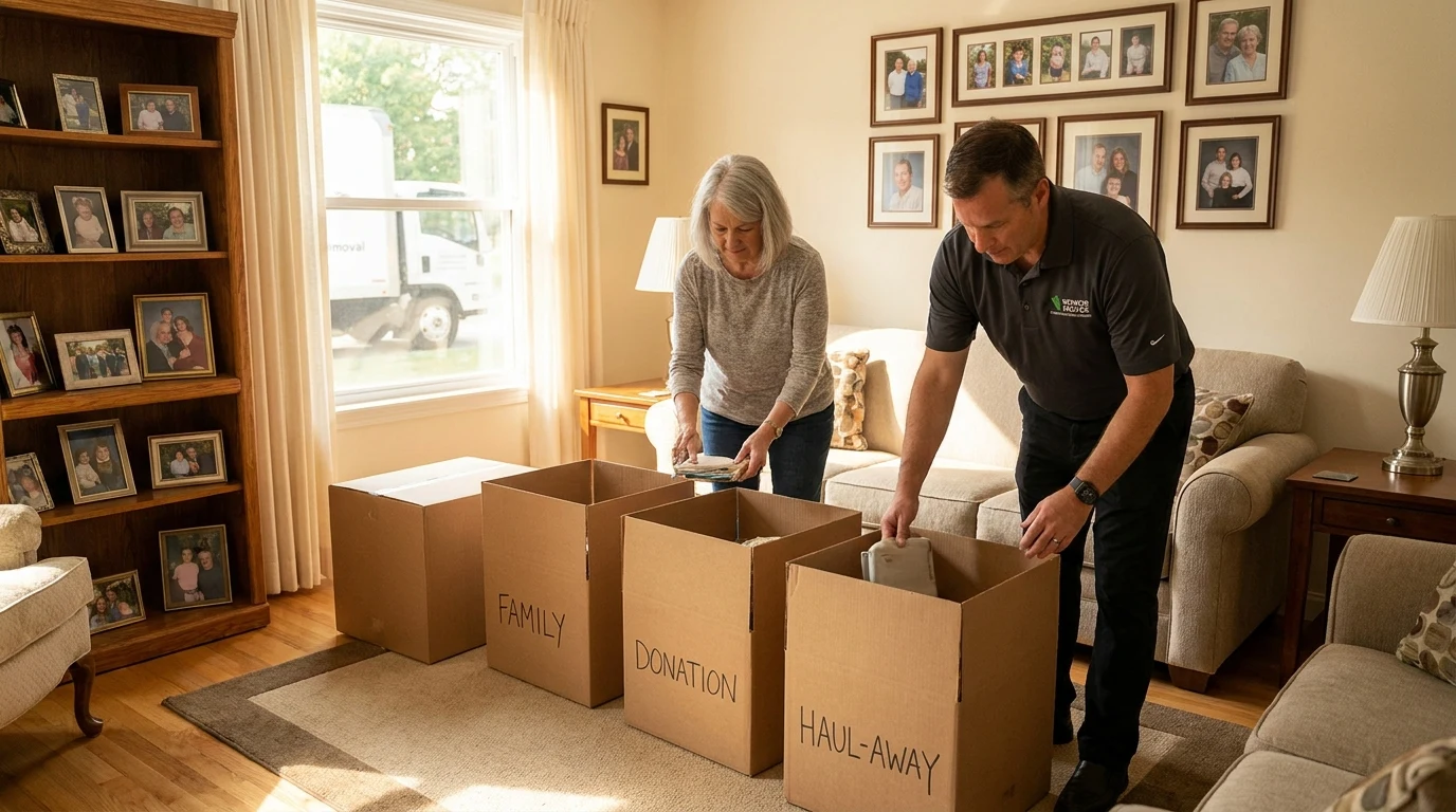 Labeled boxes for family, donation, and haul-away in a tidy senior's home with framed photos on the wall