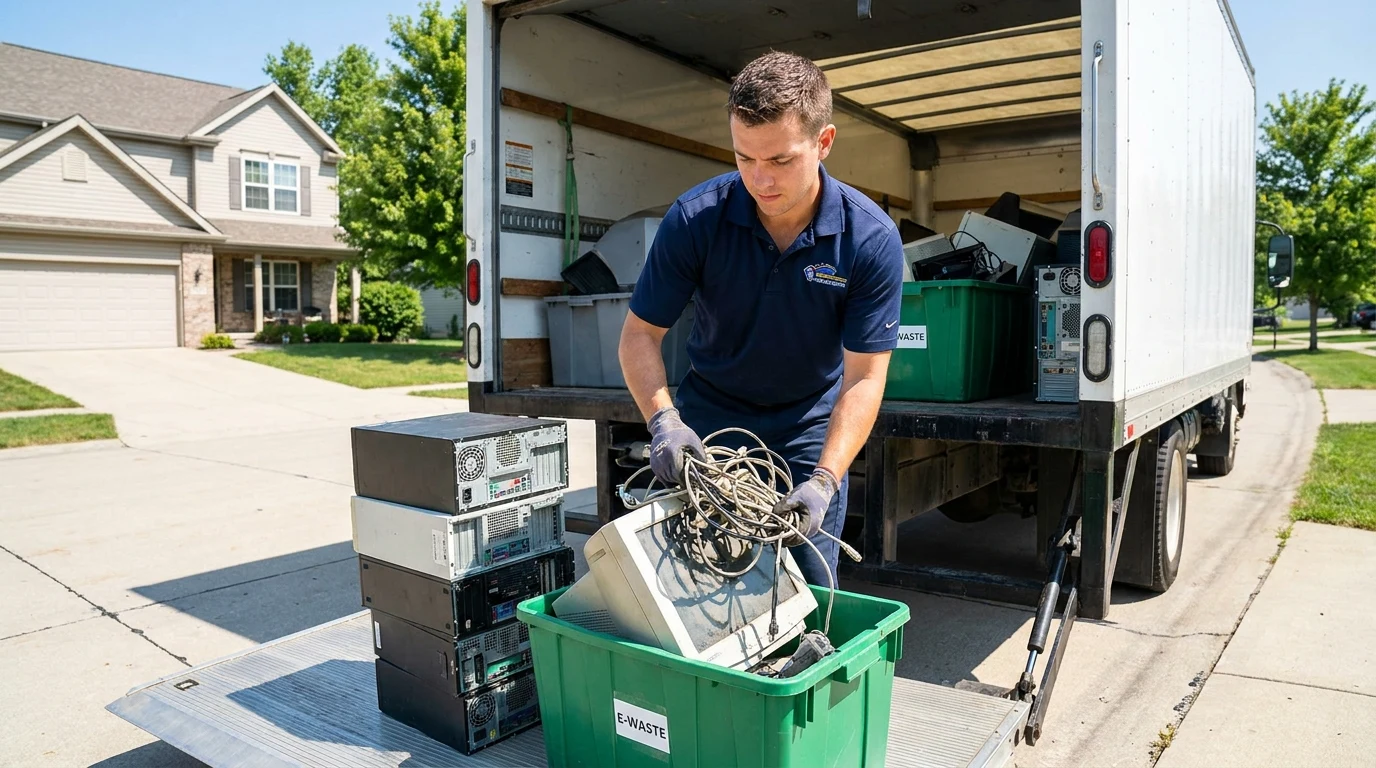 Junk removal crew member loading old computer towers and monitors into e-waste bins at the back of a box truck