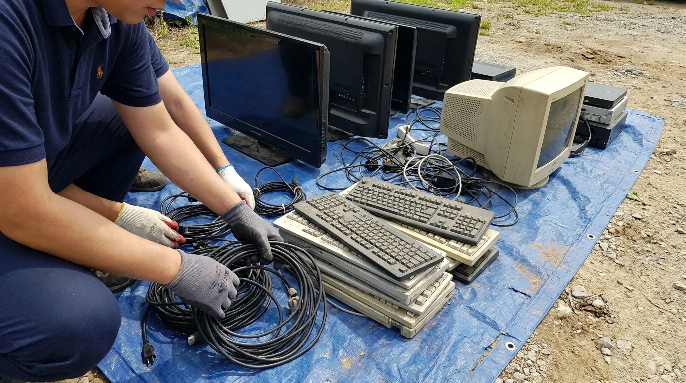 Sorted flat-screen TVs, CRT monitor, keyboards, and cables on a tarp ready for recycling