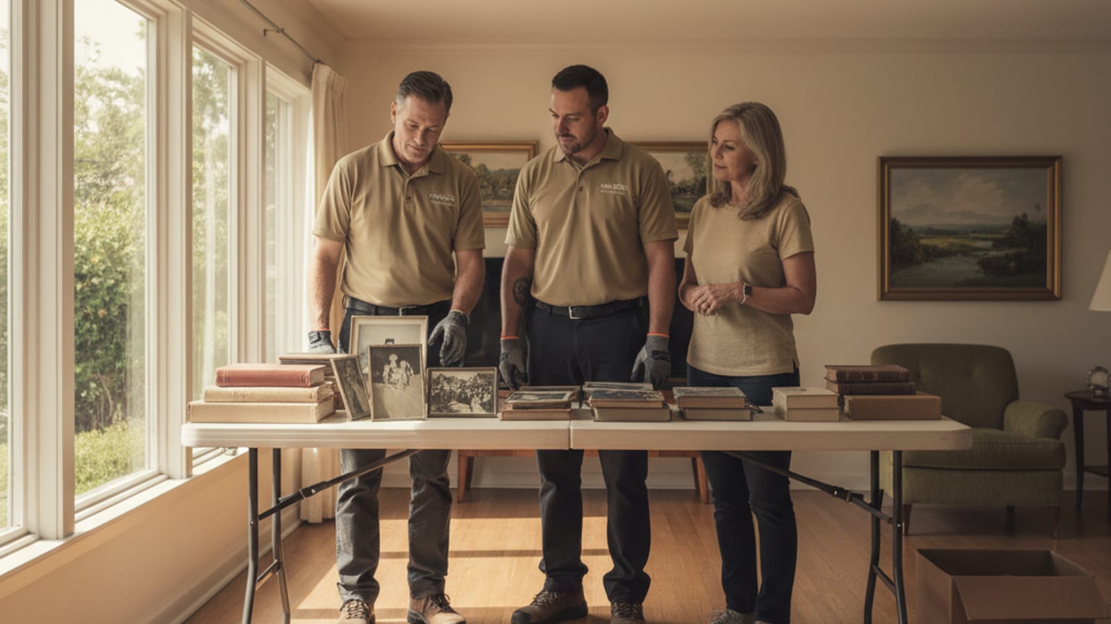 Family members and a professional estate-cleanout crew respectfully sorting items in a San Diego home