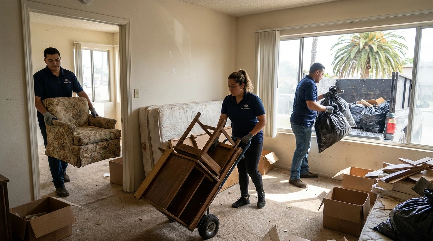 Junk removal crew clearing abandoned furniture and trash bags from a vacated San Diego rental unit