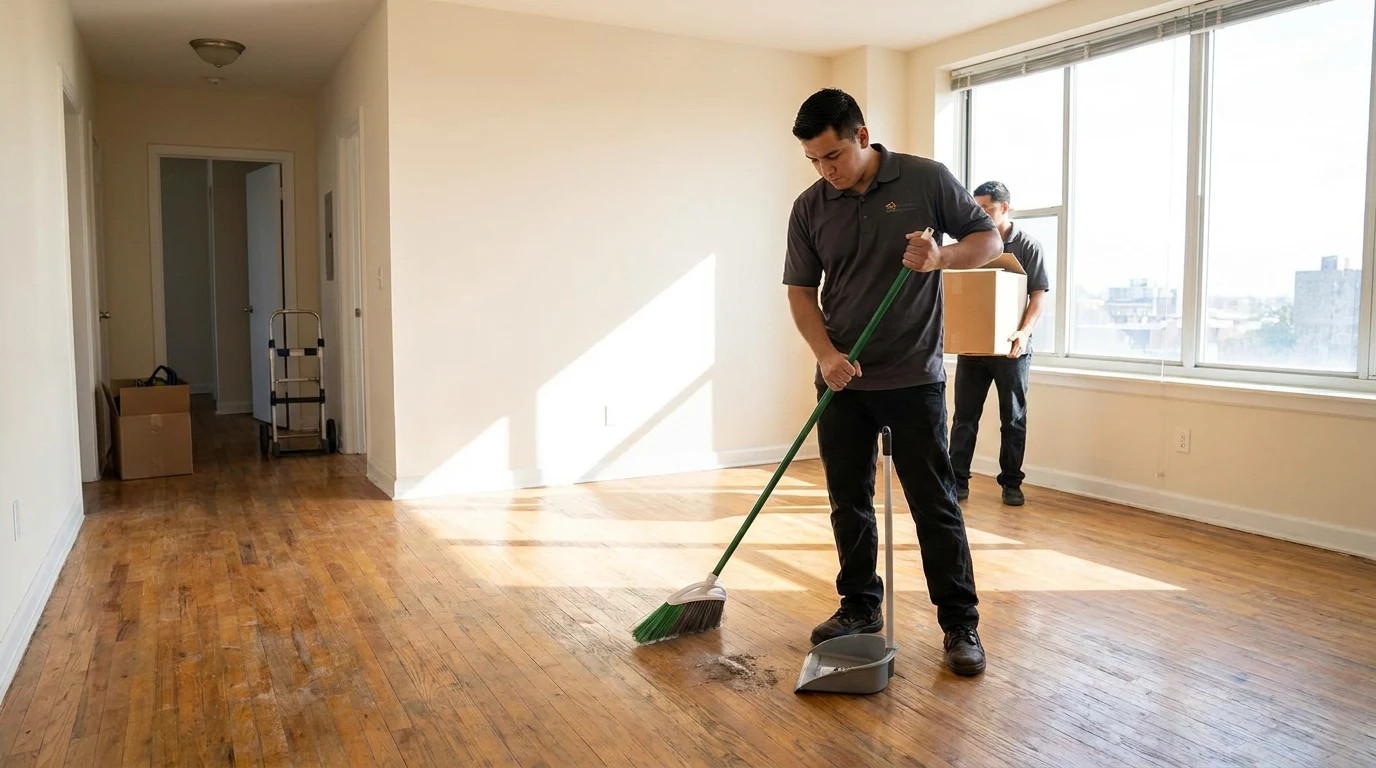 Emptied rental apartment after a full cleanout with crew member sweeping bare floors
