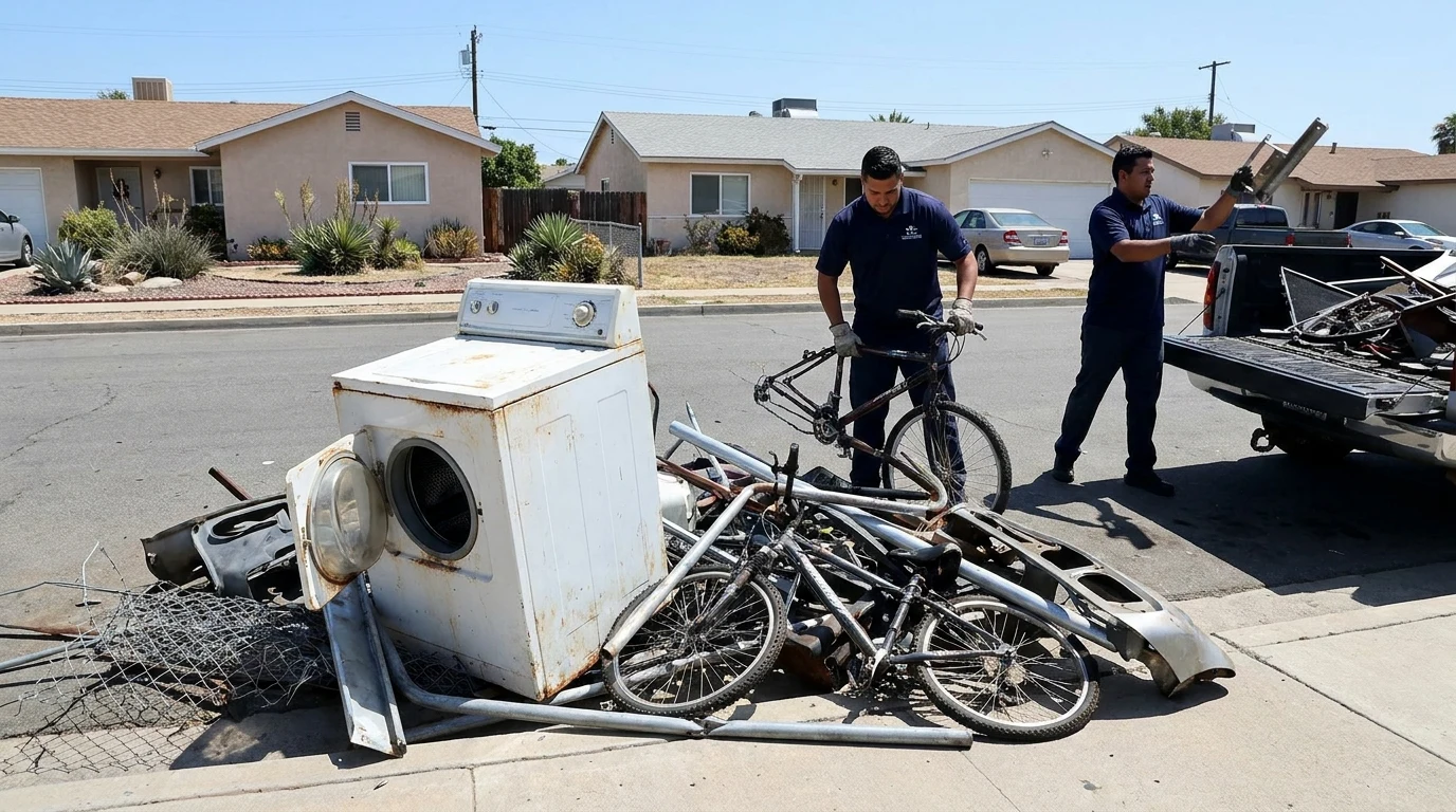 Scrap metal pile with an old washing machine and bicycle frames at a San Diego residential curb