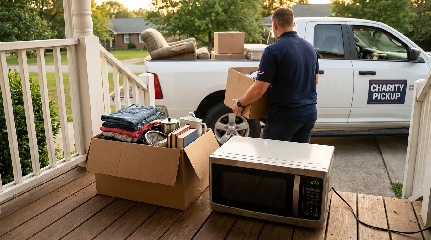 Household goods and a working microwave on a porch ready for charity pickup