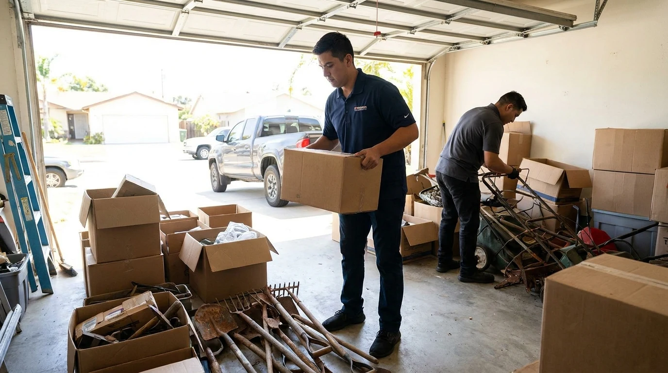 Crew member carrying a box out of a cluttered San Diego garage mid-cleanout