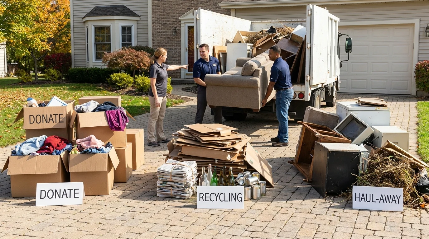 Sorted garage contents on a driveway separated into donation, recycling, and haul-away piles