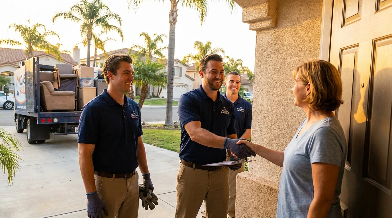 Junk removal crew greeting a homeowner at the front door before a job in San Diego