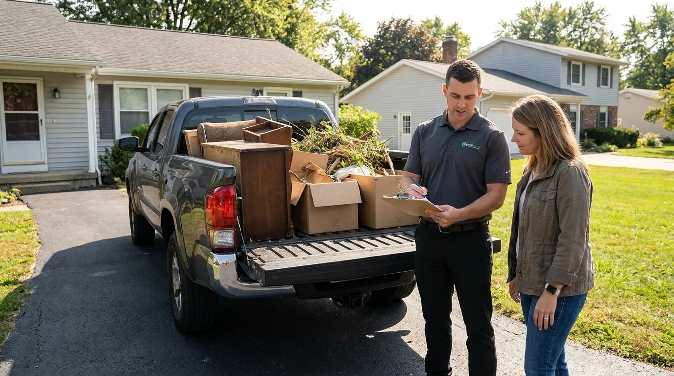 Crew member giving a homeowner an on-site estimate beside a half-loaded truck in a residential driveway