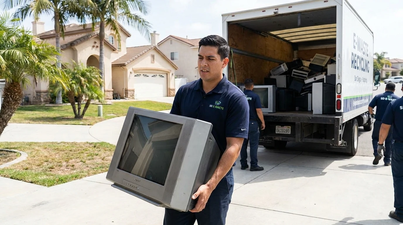 Junk removal crew member carrying a large CRT television toward an e-waste truck in a San Diego driveway