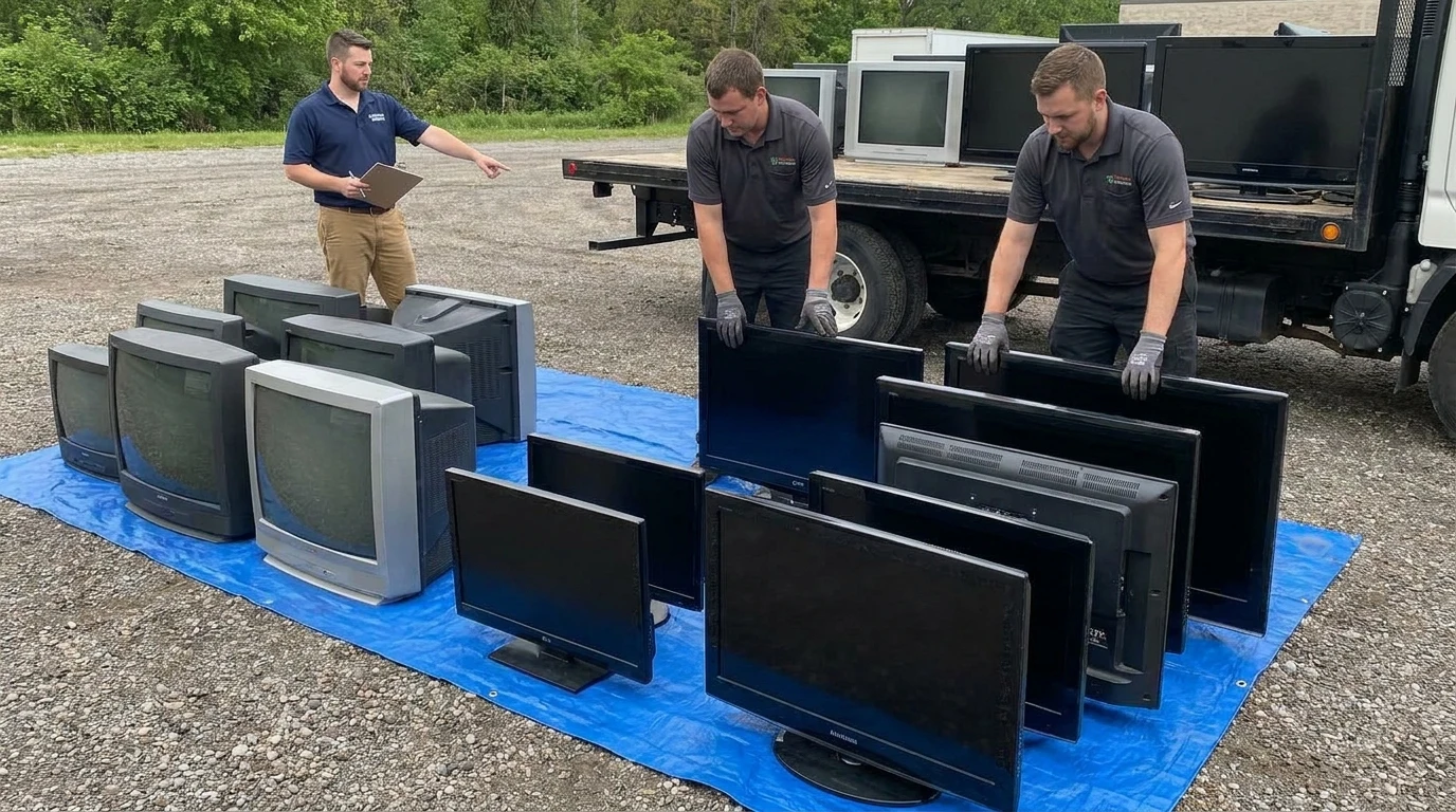 Several flat-screen and tube TVs lined up on a tarp for recycling, sorted by type