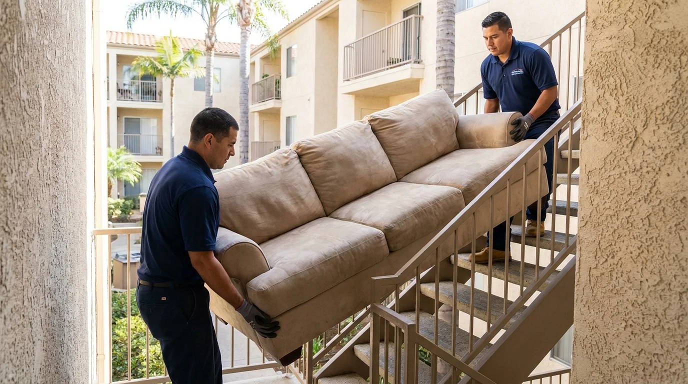 Two junk removal crew members carrying a worn sofa down an apartment staircase in San Diego