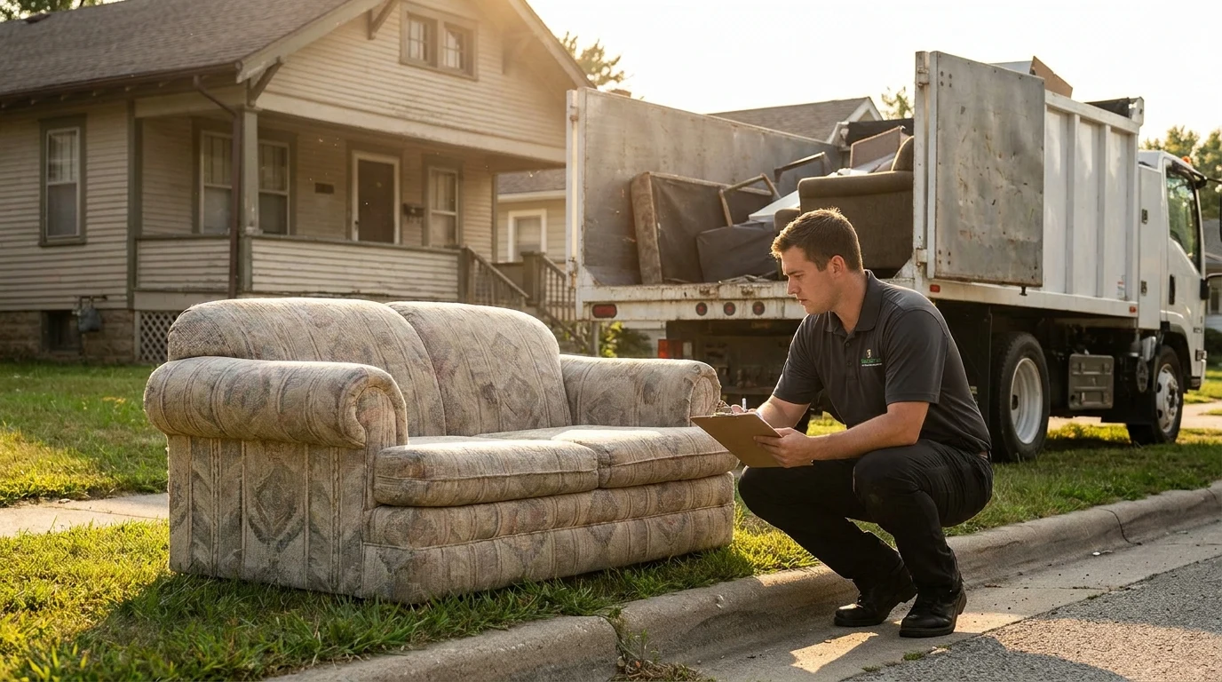 Old fabric couch at a residential curb next to a junk removal truck in San Diego