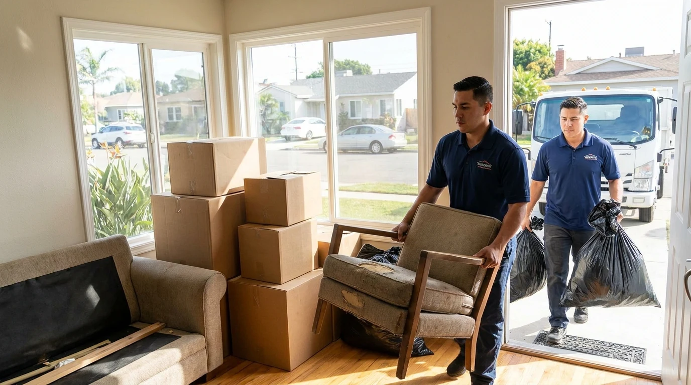 Junk removal crew hauling away furniture and bags from a San Diego home during a move
