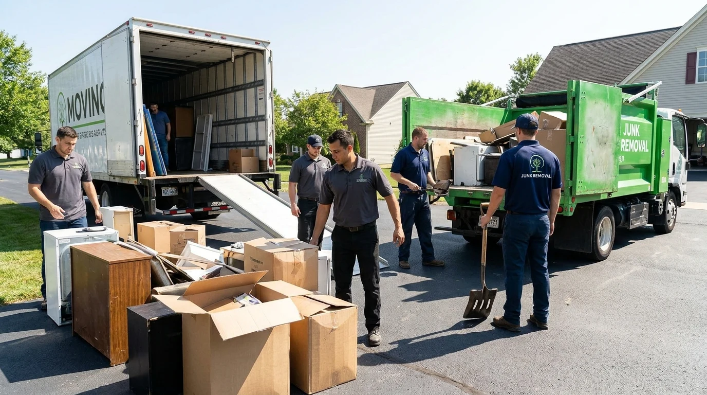 Moving truck and junk removal truck side by side in a San Diego driveway