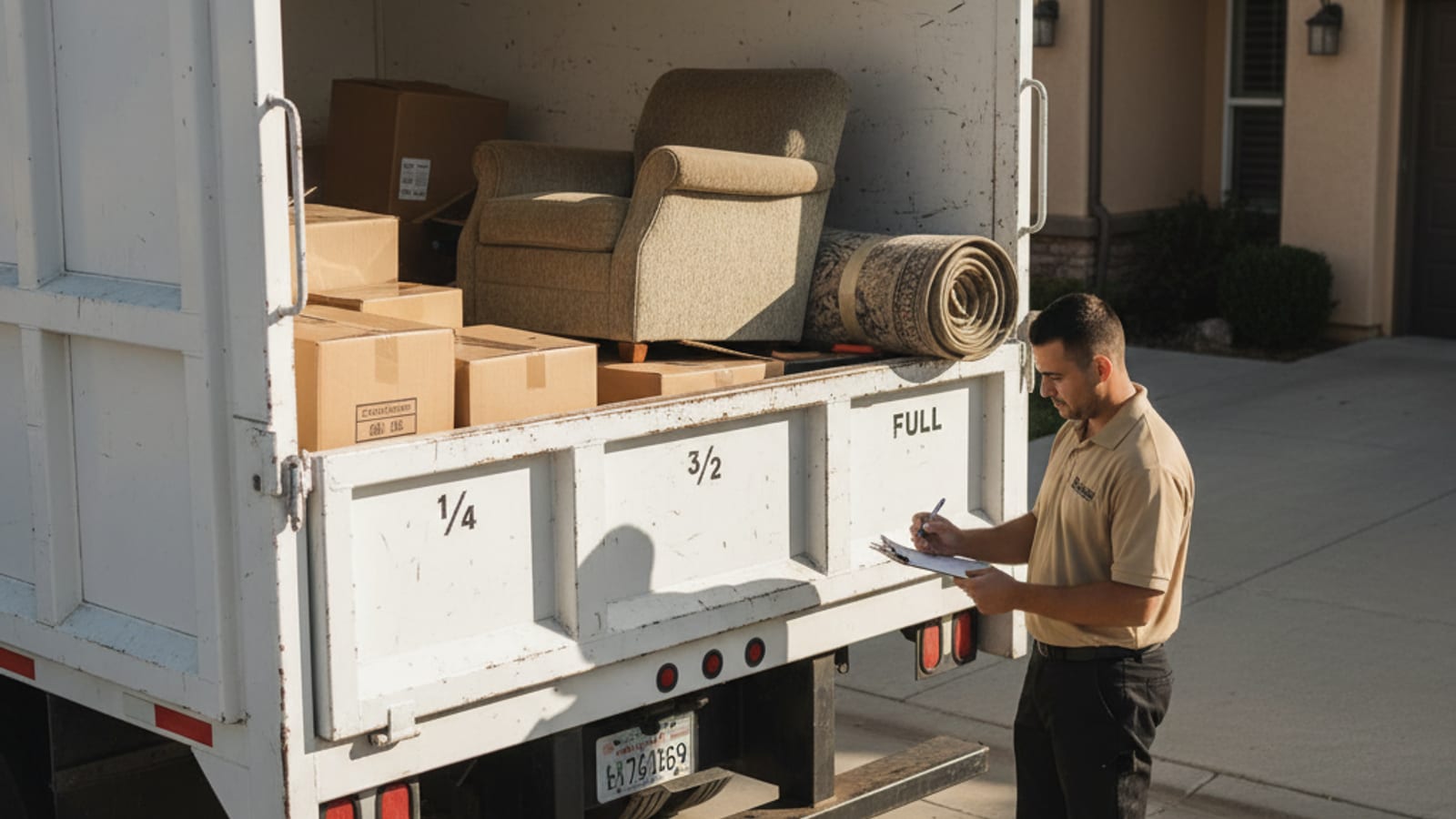 Clear Out San Diego truck partially loaded with household junk in a San Diego driveway with volume-fraction markings visible