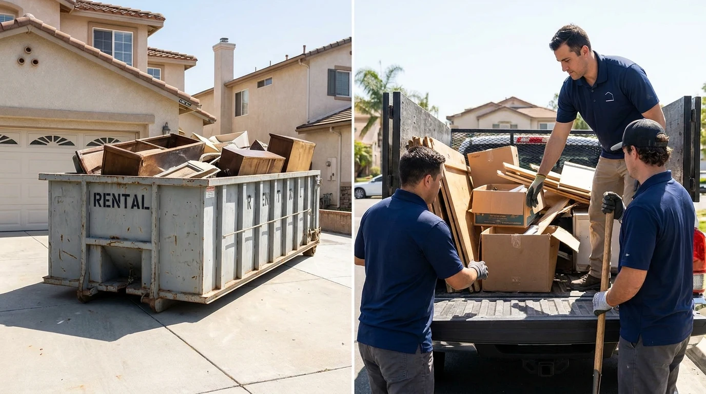 Split view of a roll-off dumpster in a driveway and a junk removal crew loading a truck