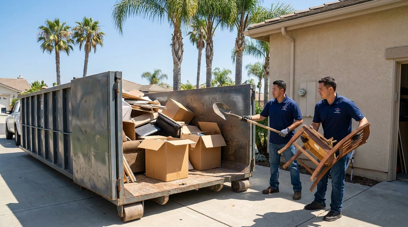 Roll-off dumpster half full of household debris in a residential San Diego driveway