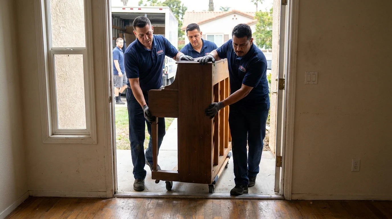 Three crew members carefully maneuvering an upright piano through a San Diego doorway