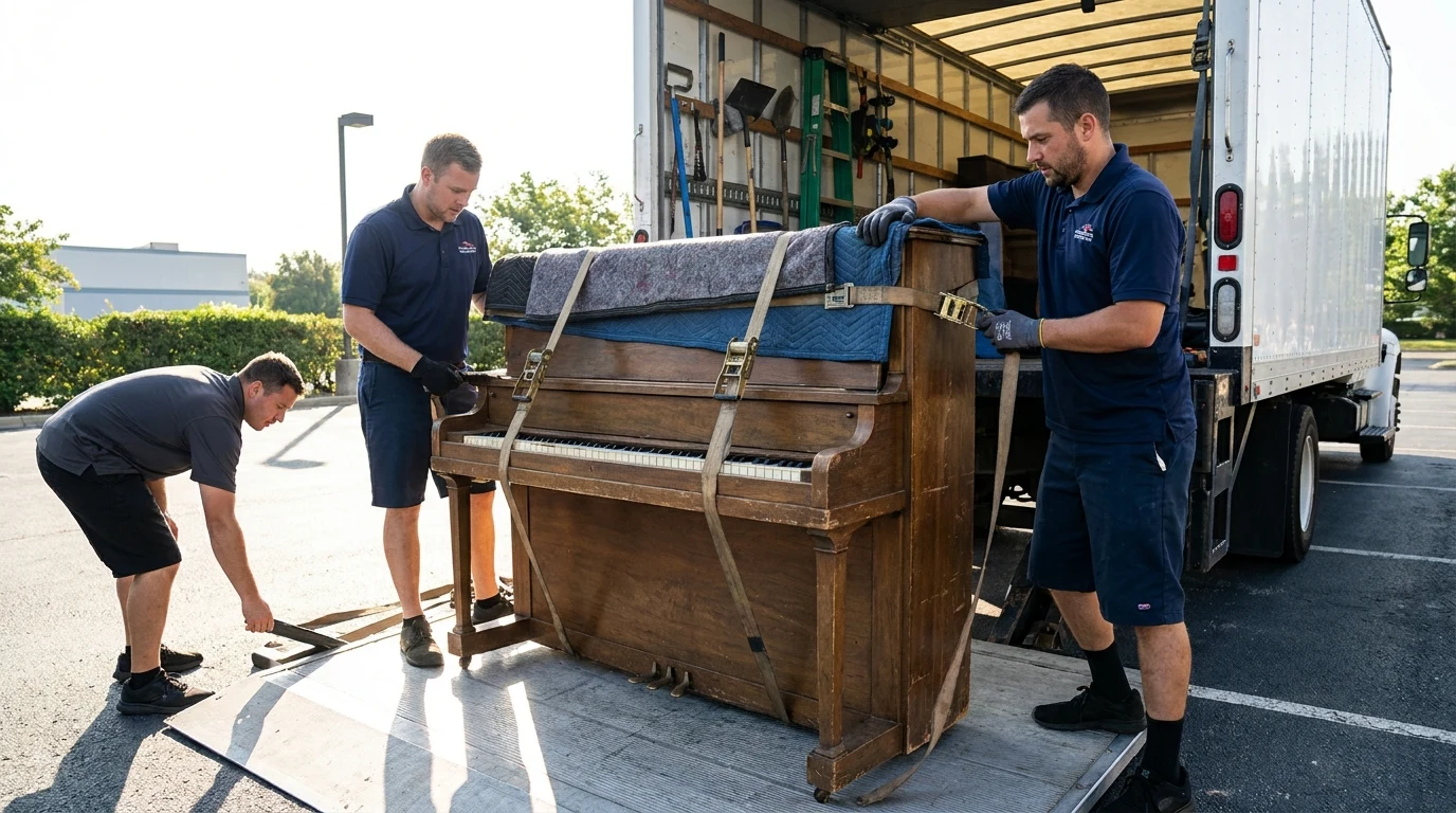 Old upright piano strapped on a box truck bed, crew member steadying it