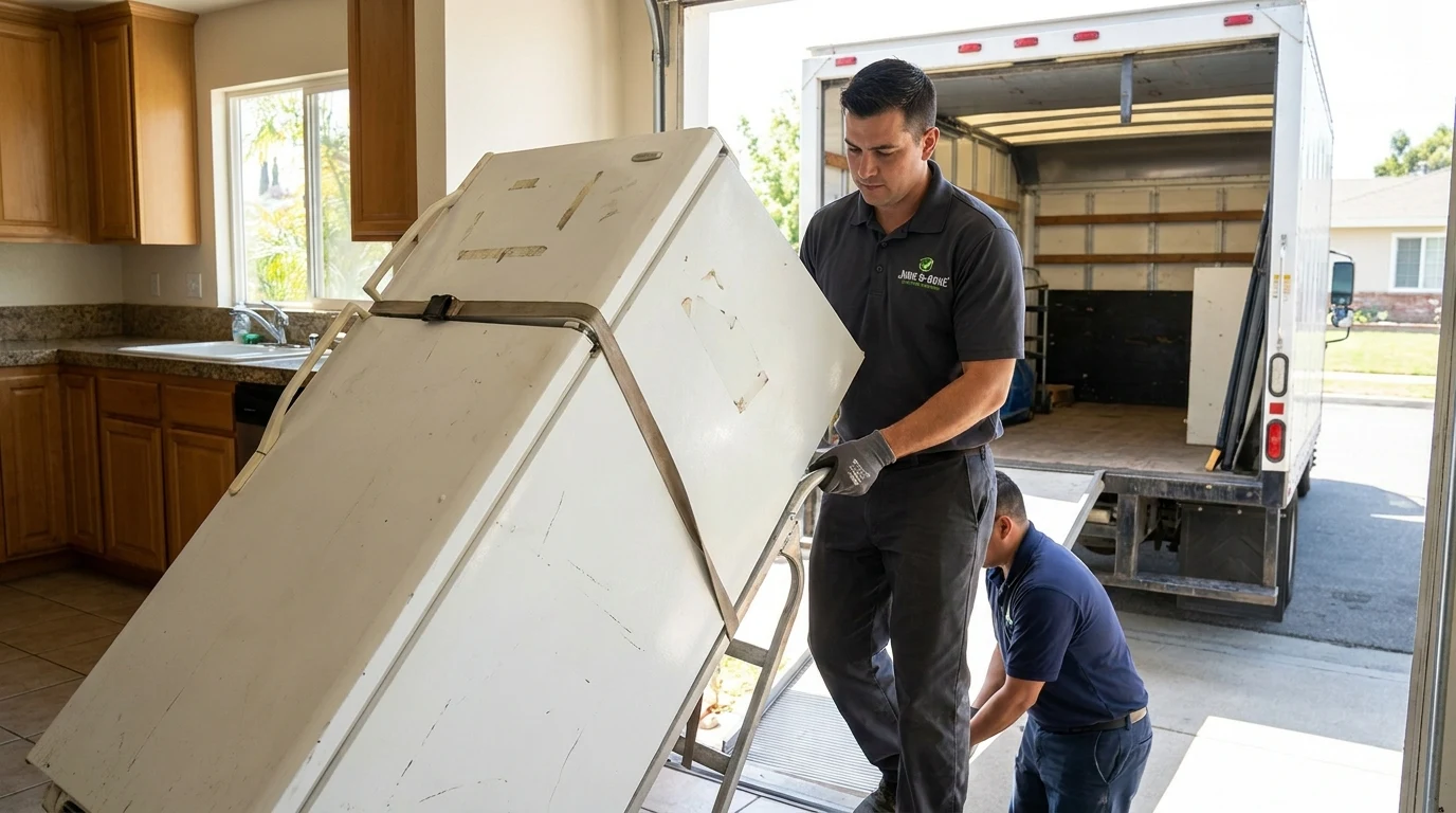 Crew member using a dolly to move an old white refrigerator out of a San Diego kitchen