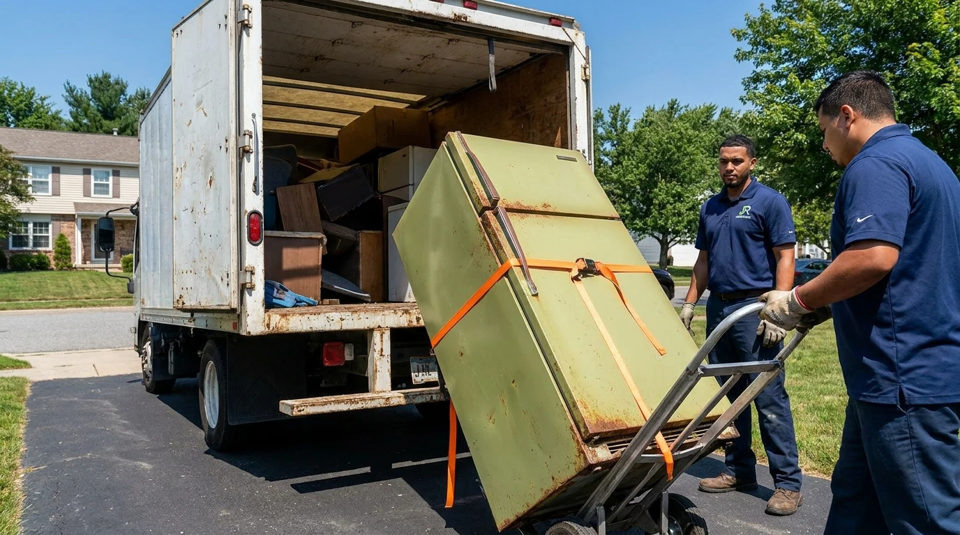 Old refrigerator strapped to a hand truck at the back of a junk removal box truck