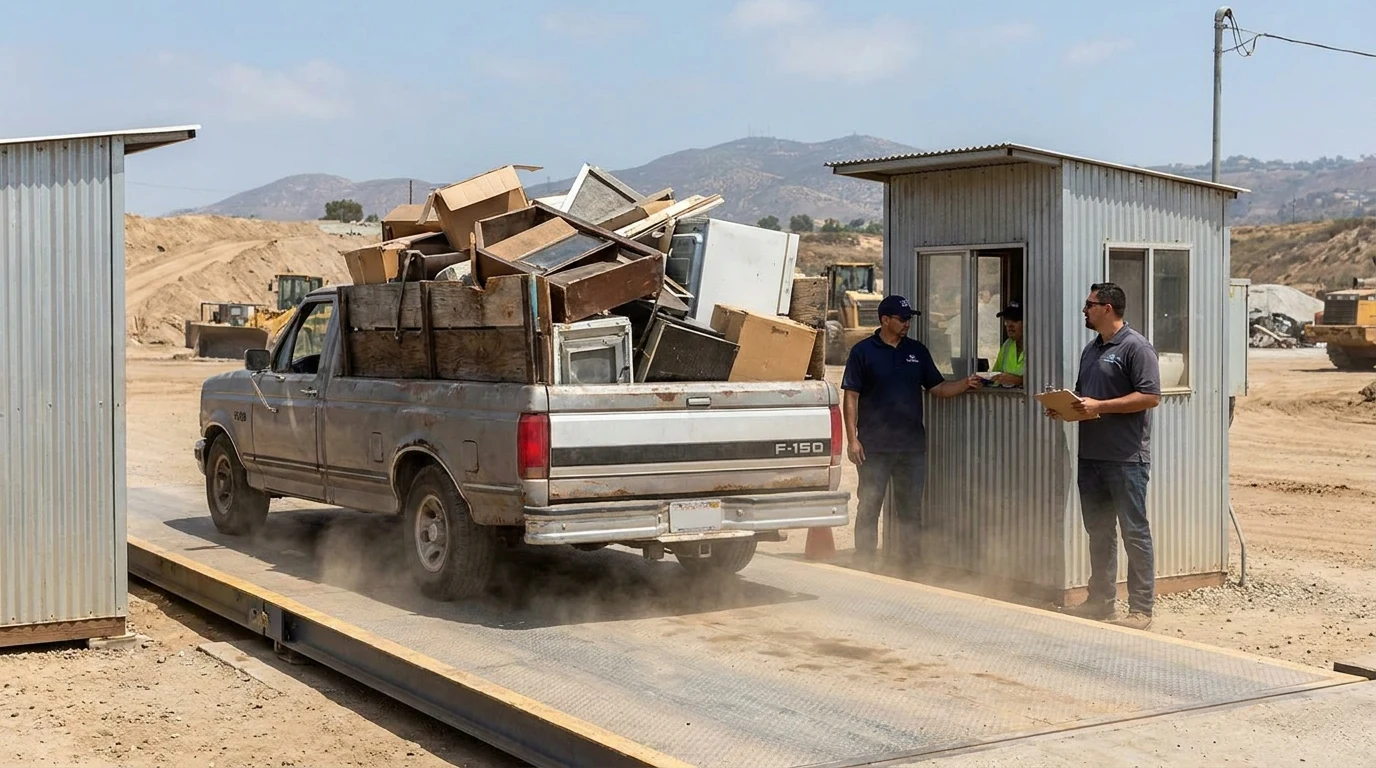 Pickup truck loaded with household junk at the Miramar Landfill scale entrance