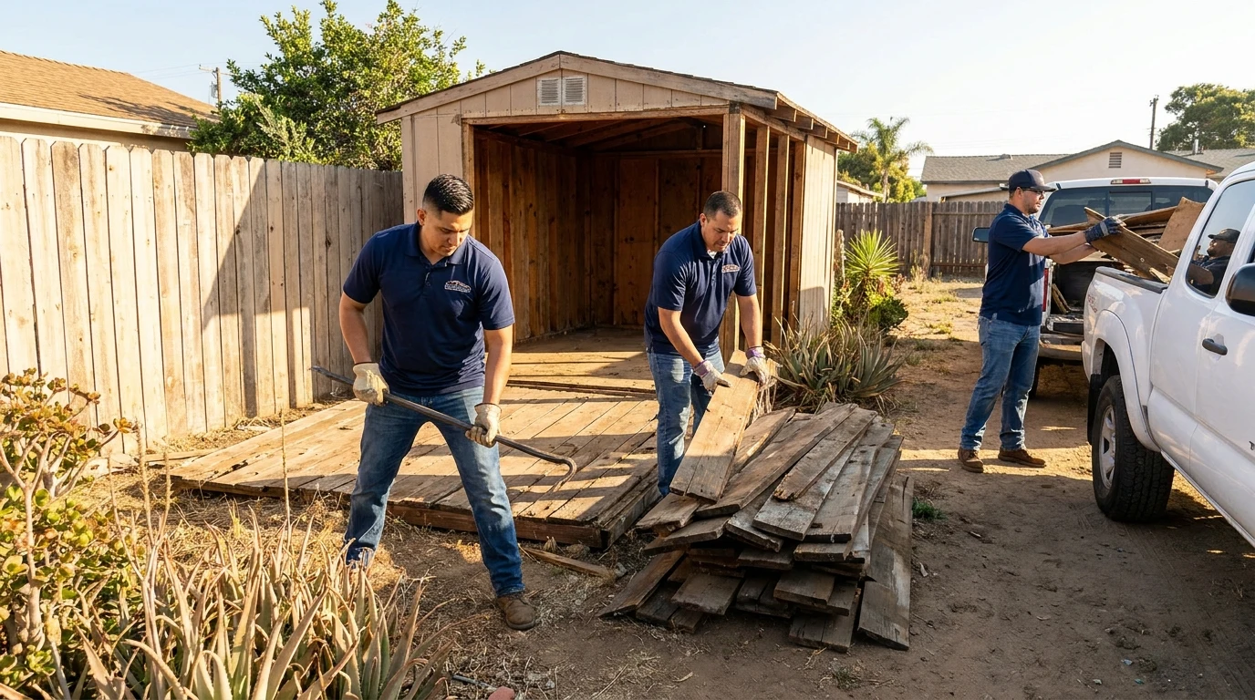 Junk removal crew dismantling an old wooden shed in a San Diego backyard