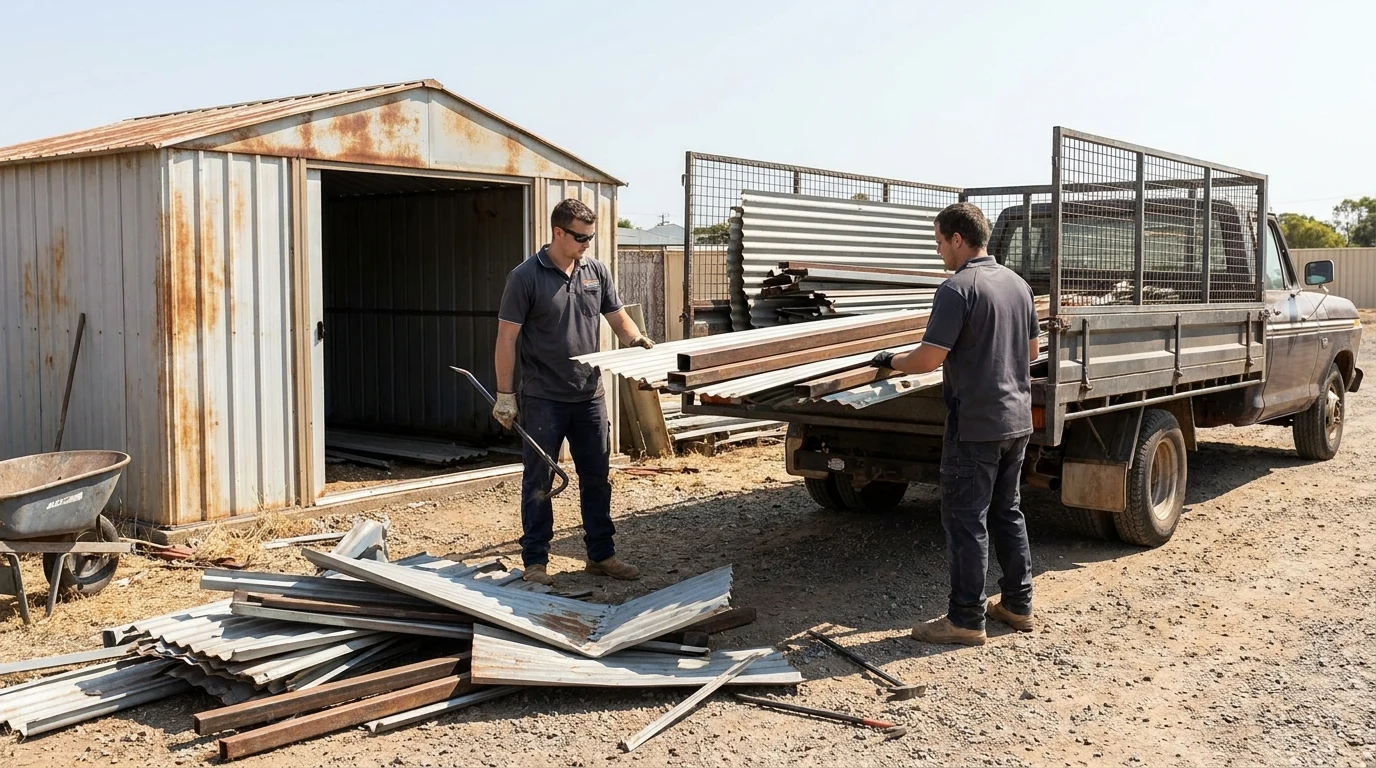 Partially demolished metal shed with panels stacked for haul-away in a San Diego yard