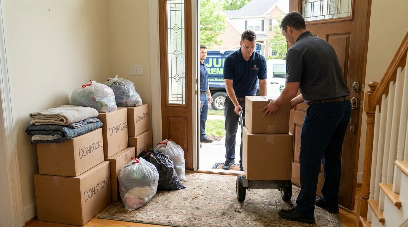 Donation boxes and bags lined up by the front door ready for haul-away after a spring clean