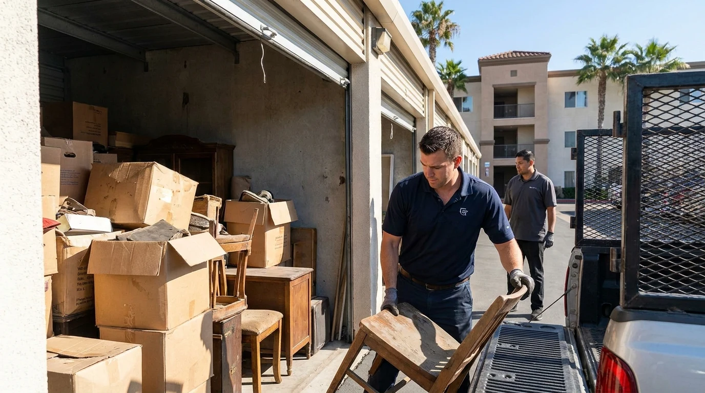 Open self-storage unit packed with boxes and furniture, junk removal crew loading a truck nearby