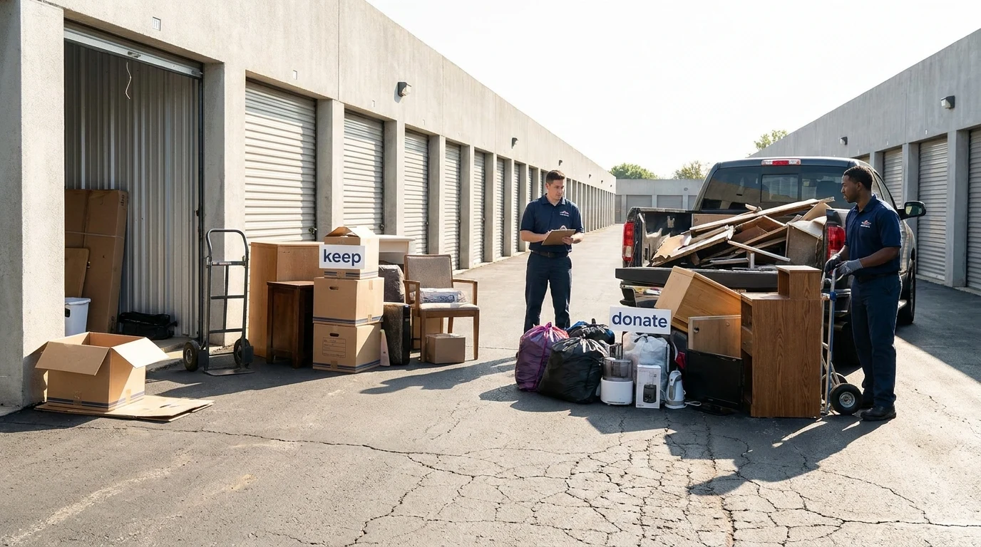 Storage unit contents sorted into keep, donate, and haul piles outside the unit