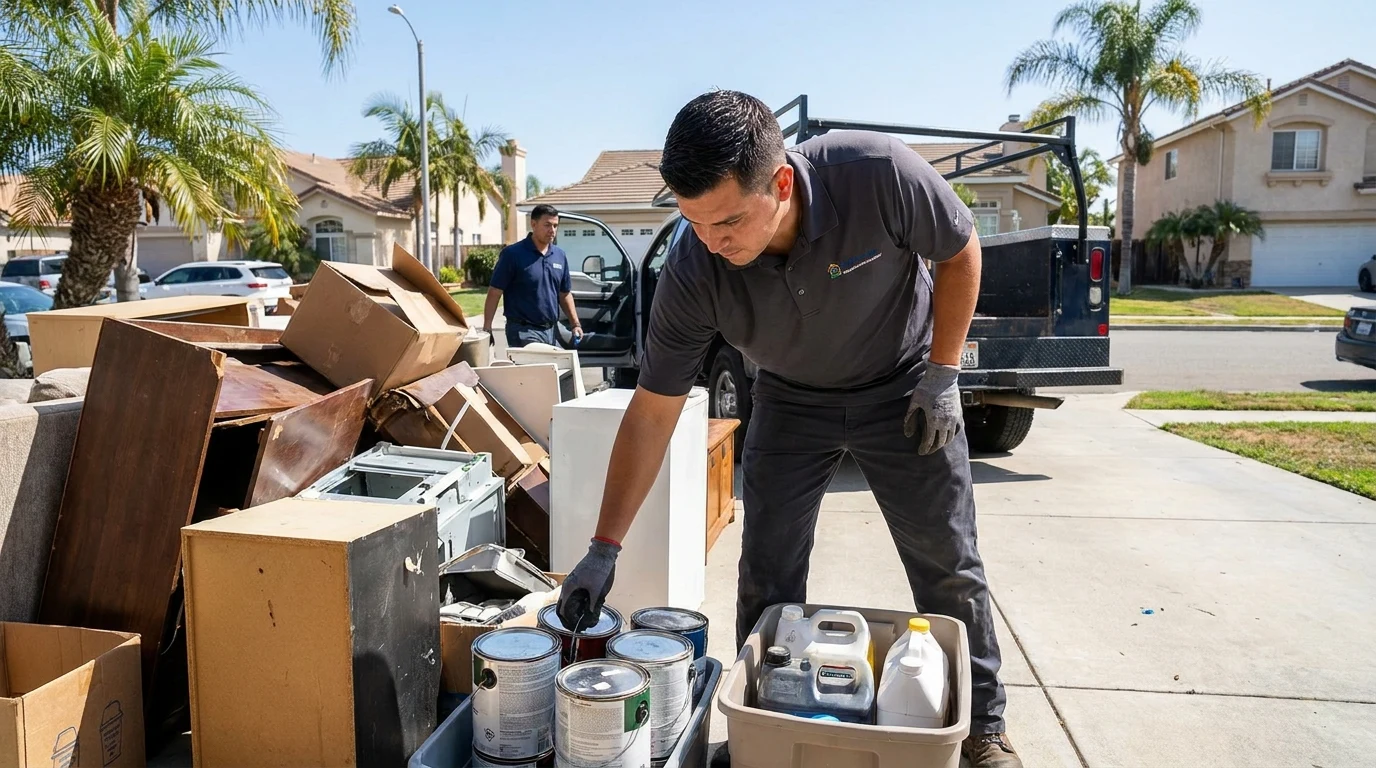 Crew member setting aside paint cans and chemical containers from a haul-away pile on a San Diego driveway