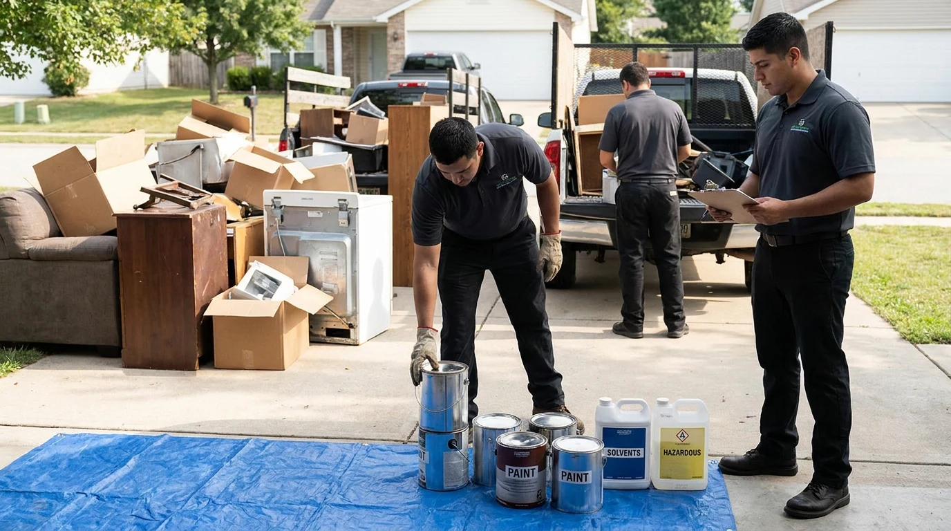 Labeled household hazardous waste containers staged separately from a general junk pile outdoors