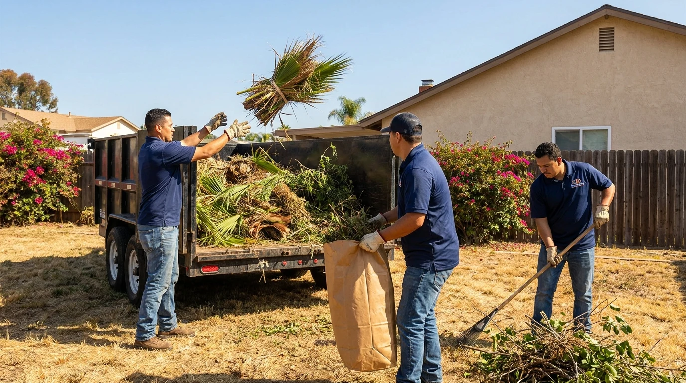 Junk removal crew loading branches and palm fronds into a dump trailer in a sunny San Diego backyard