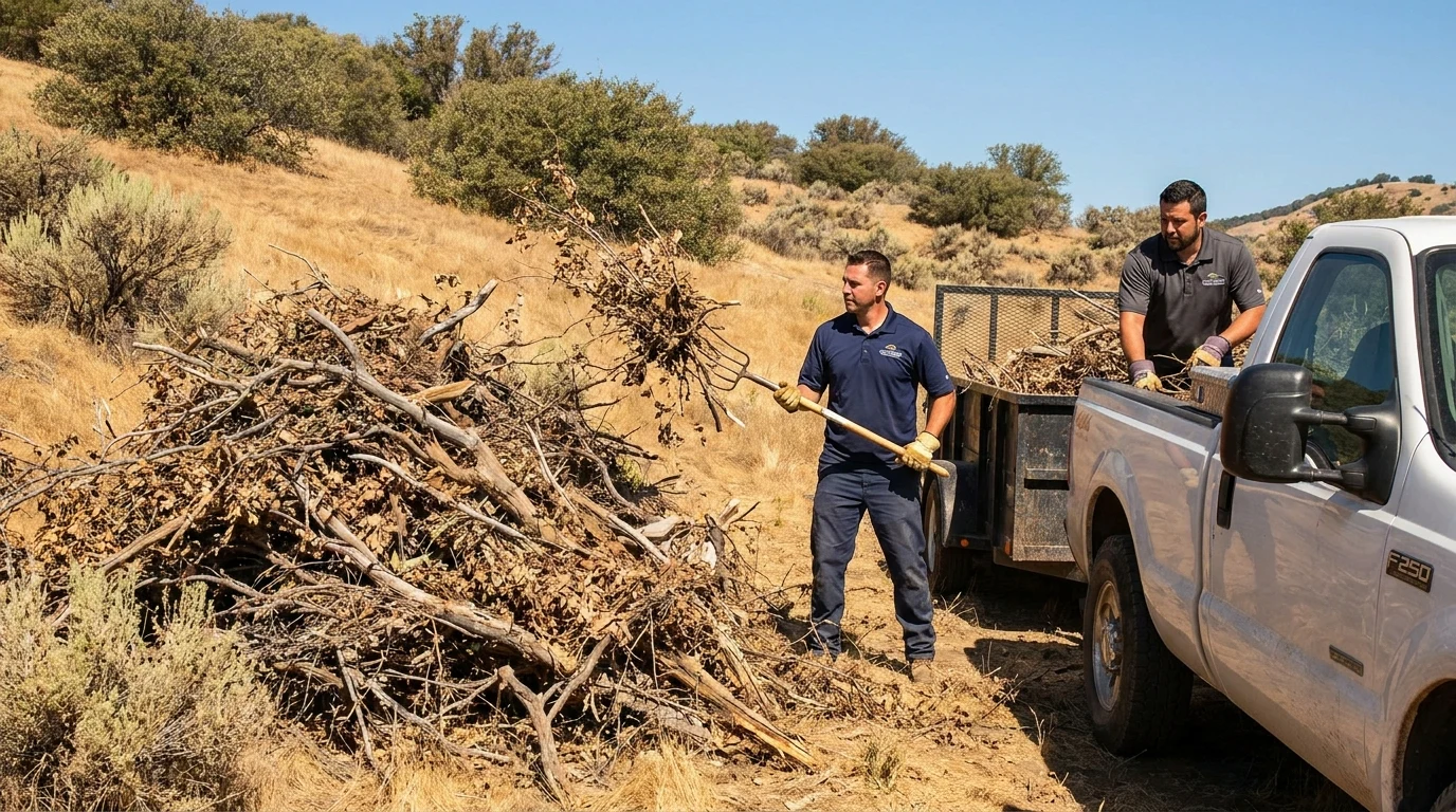 Pile of tree branches and dry brush cleared from a hillside yard, ready for hauling