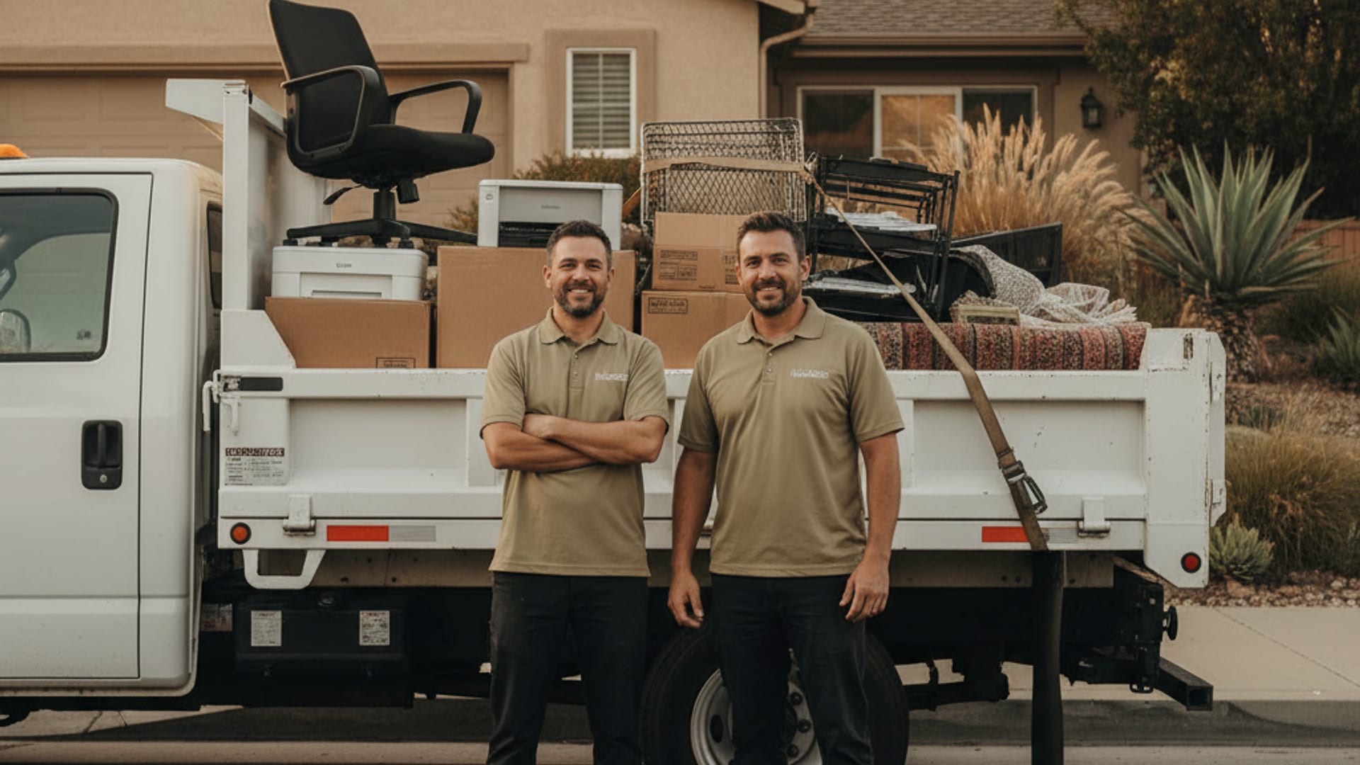 Two-person Clear Out San Diego crew standing beside their loaded junk removal truck in warm afternoon San Diego light
