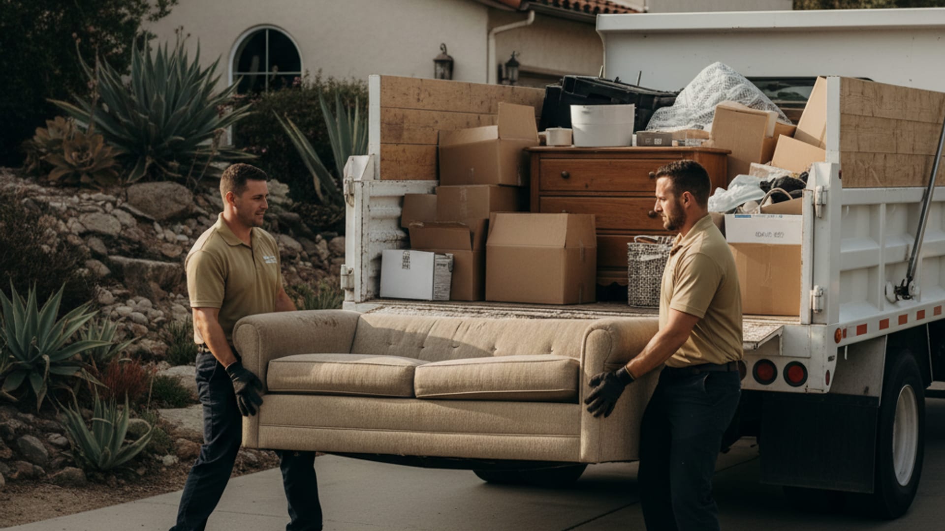 Two-person Clear Out San Diego crew loading household junk into a truck outside a San Diego home in warm afternoon light
