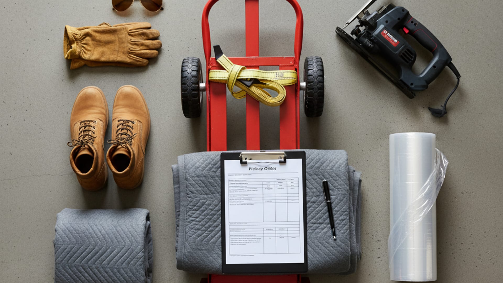 Overhead flat-lay of professional junk-removal equipment including dollies, straps, gloves, work boots, and clipboard on a clean work surface