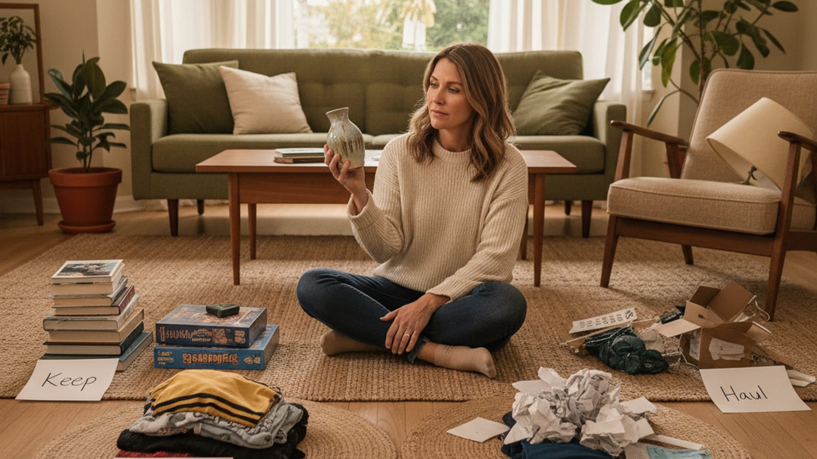 Homeowner sorting items into keep, donate, and haul piles in a living room during pre-move decluttering