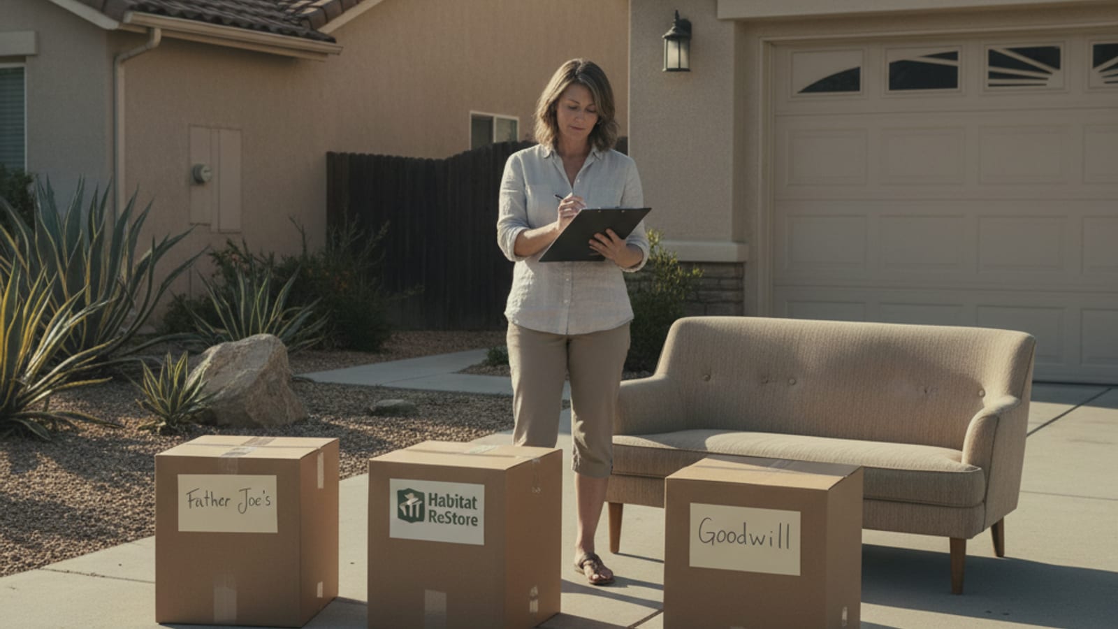 Donation boxes staged on a driveway labeled for Father Joes Villages and Habitat ReStore before pickup