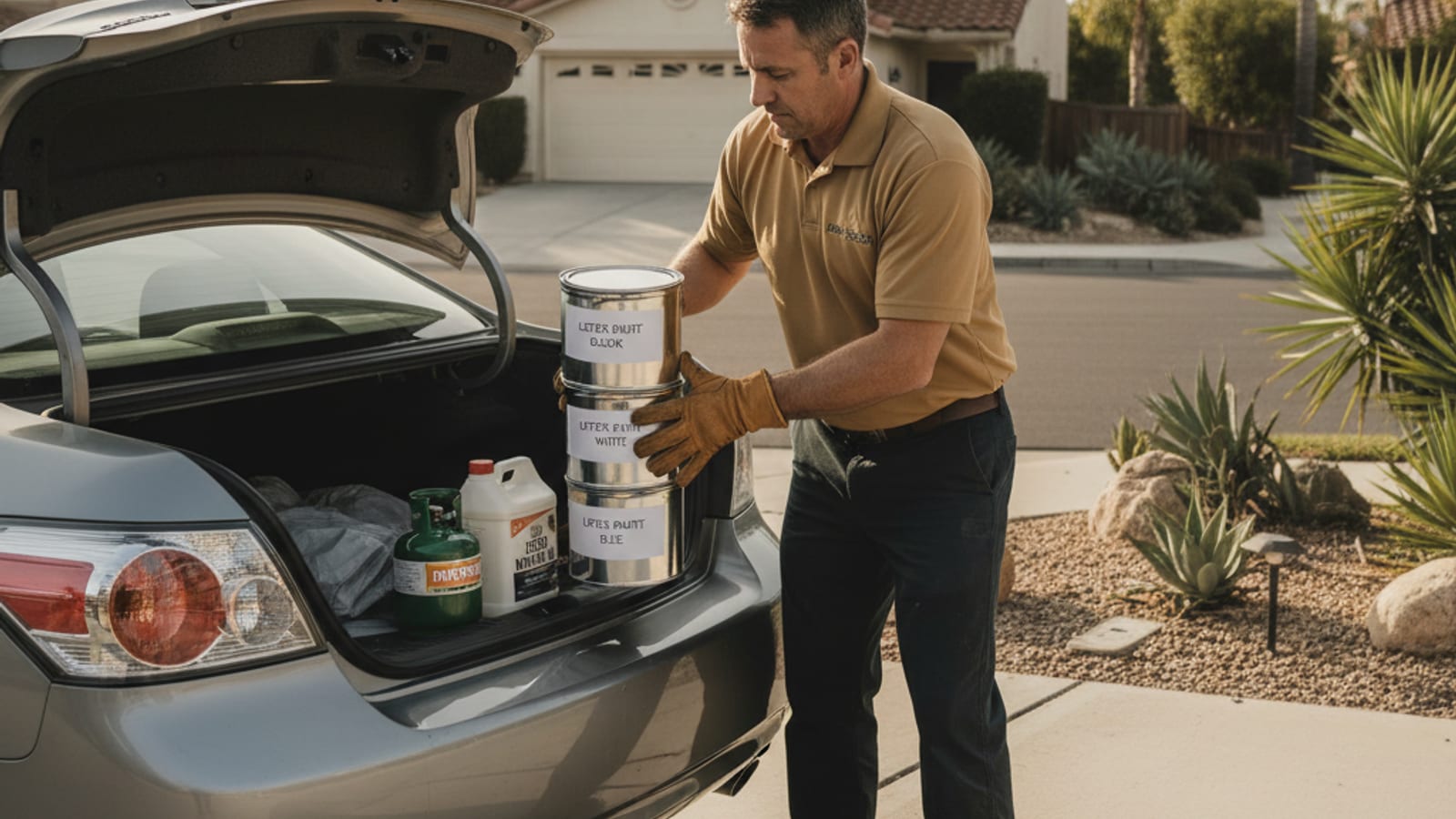 Homeowner loading paint cans and old propane tanks into a car for drop-off at a County of San Diego household hazardous waste facility