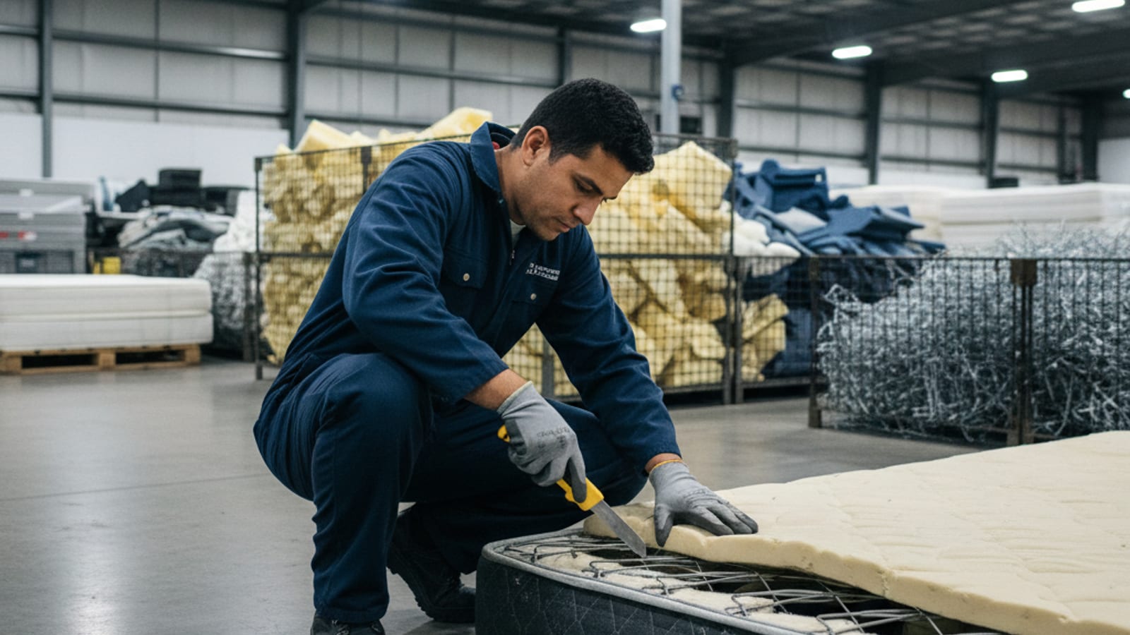 Worker at a California mattress recycling facility cutting open a mattress to separate steel springs, foam, and fabric