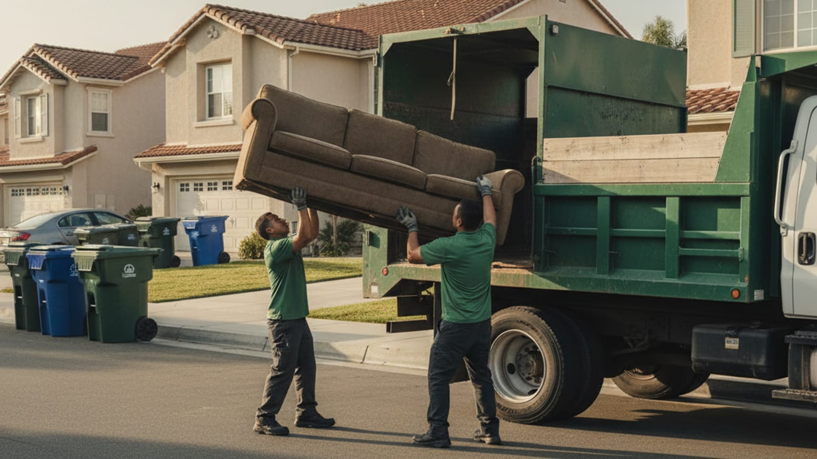 City of San Diego bulky-item pickup truck loading a sofa from a residential curb on scheduled collection day