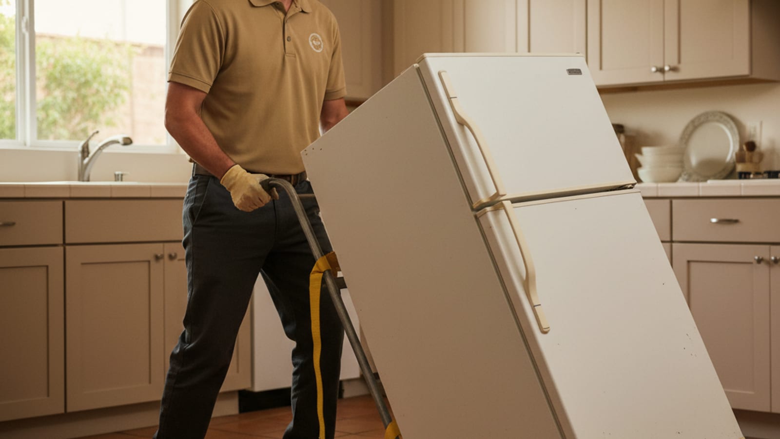 Technician removing an old refrigerator from a San Diego kitchen using an appliance dolly