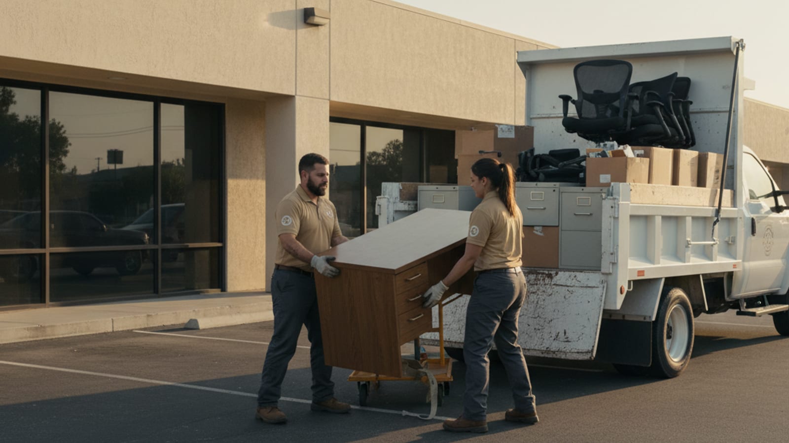 Crew loading office furniture into a commercial junk removal truck at a San Diego business